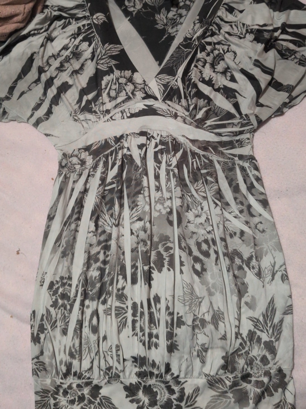 Divided Black and White Floral Dress with Red Logo Tag